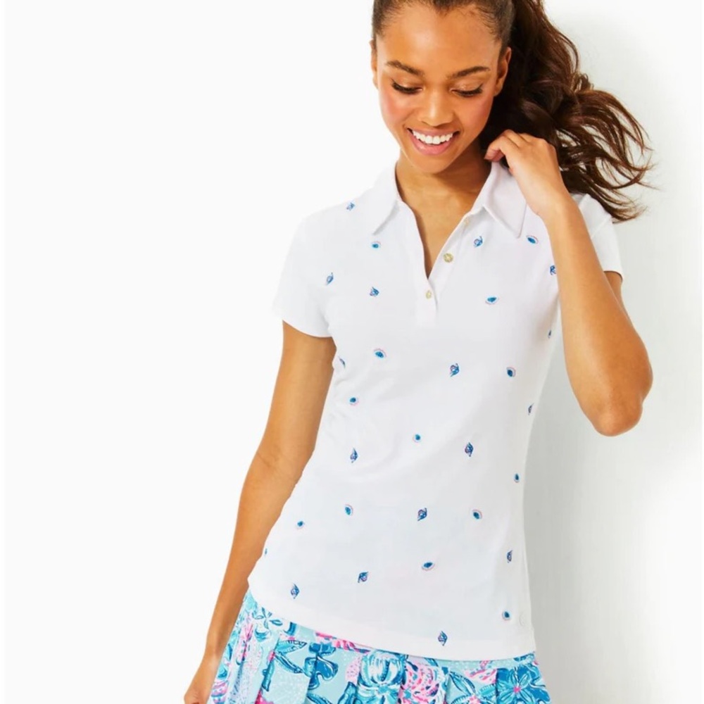 Lilly Pulitzer Frida Polo UPF50 Gone Shellin Embroidered Golf Top Size Large NWT - Picture 4 of 8